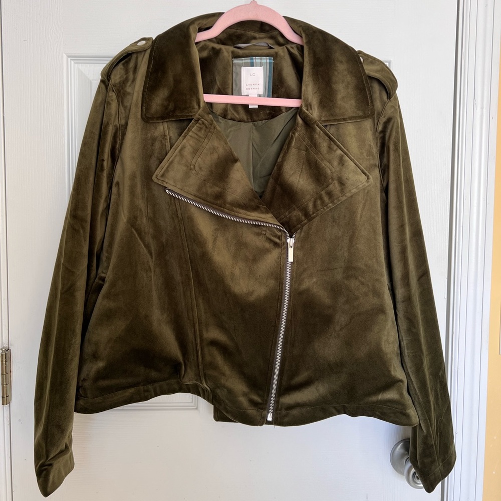 Lauren Conrad olive green velvet moto jacket 2X